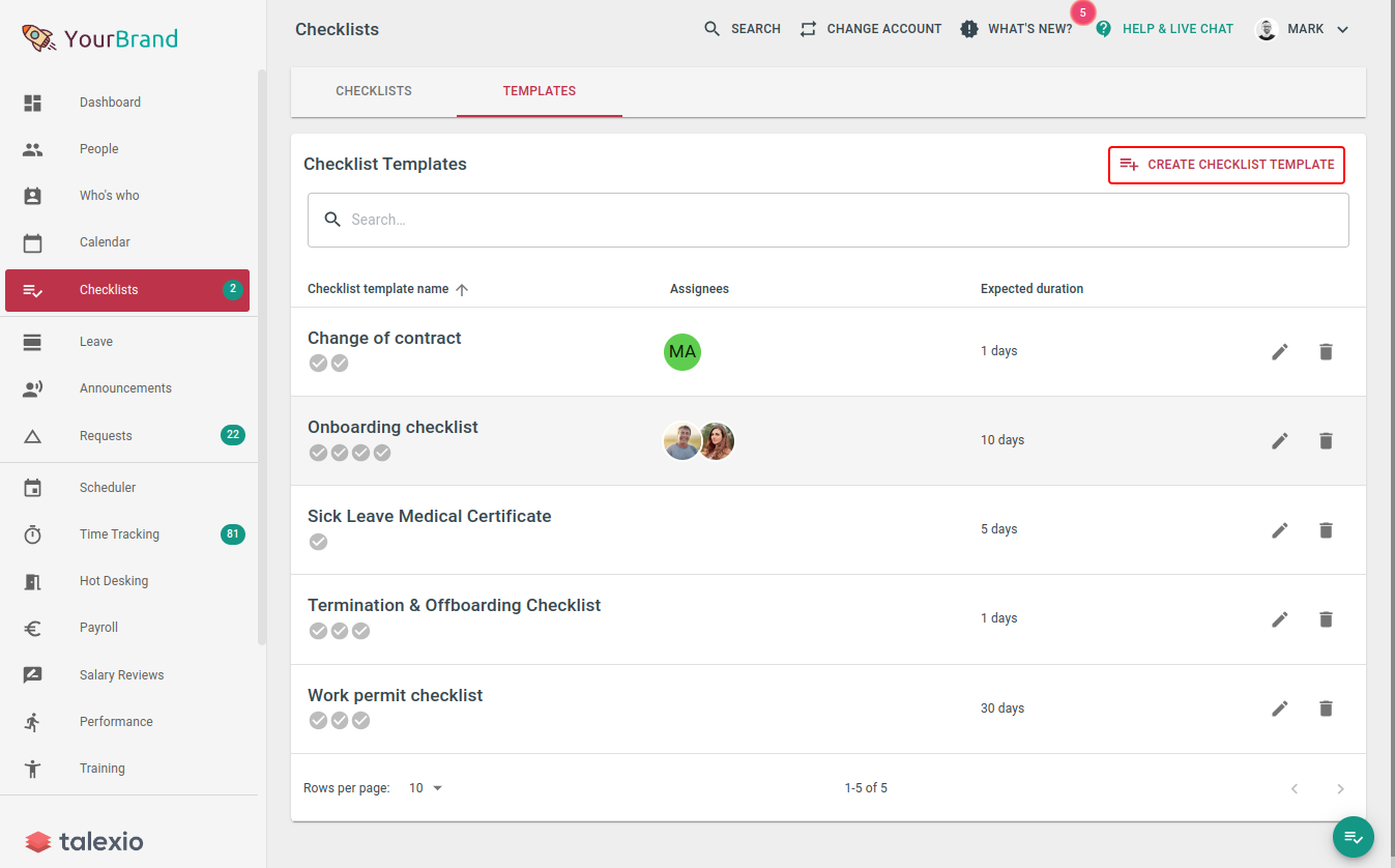 Creating checklists with Talexio HR and Payroll software's templates