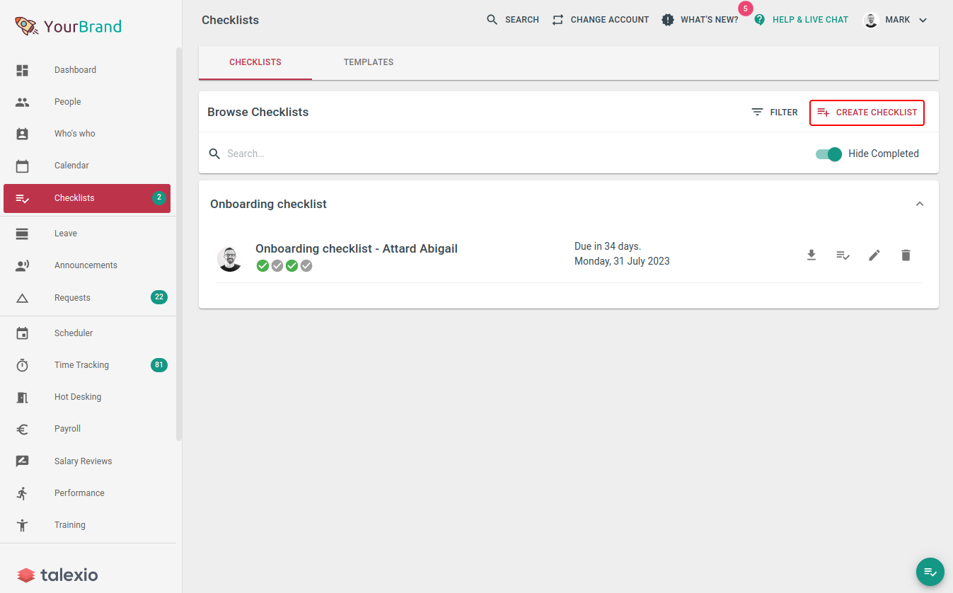 How to create a checklist within Talexio HR and Payroll software
